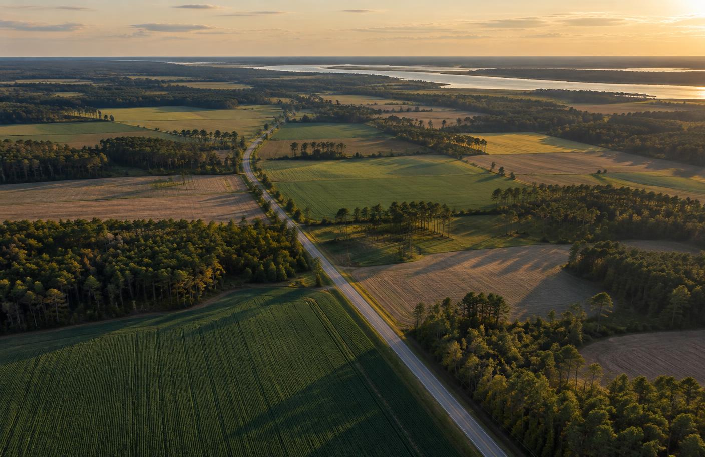 Aerial view of farm fields, woodland and a distant waterway on the North Carolina coastal plain